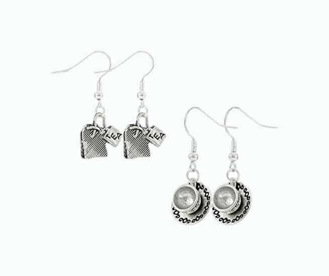 Two Set Tea Bag, Cup and Saucer, Mismatched Silver Tone Earrings