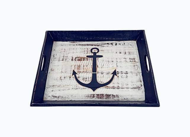 Weathered Wood Tray w/ Carved Anchor Motif