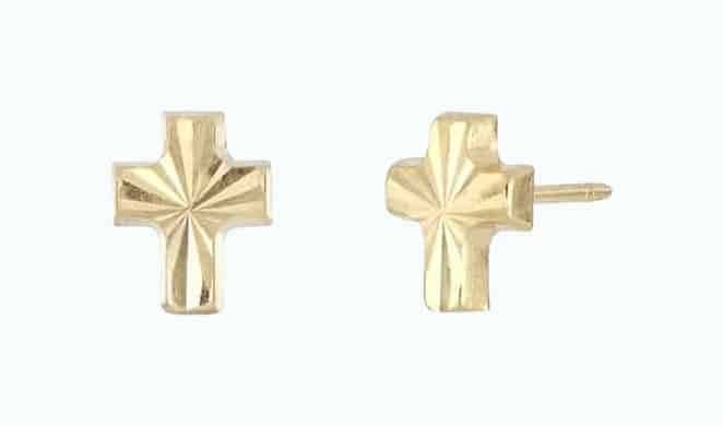 14K Gold Textured Cross Stud Earrings