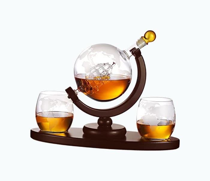 Whiskey Decanter Globe Set with 2 Etched Globe Glasses