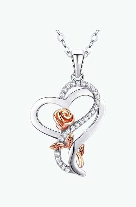 Sterling Silver Heart Rose Necklace