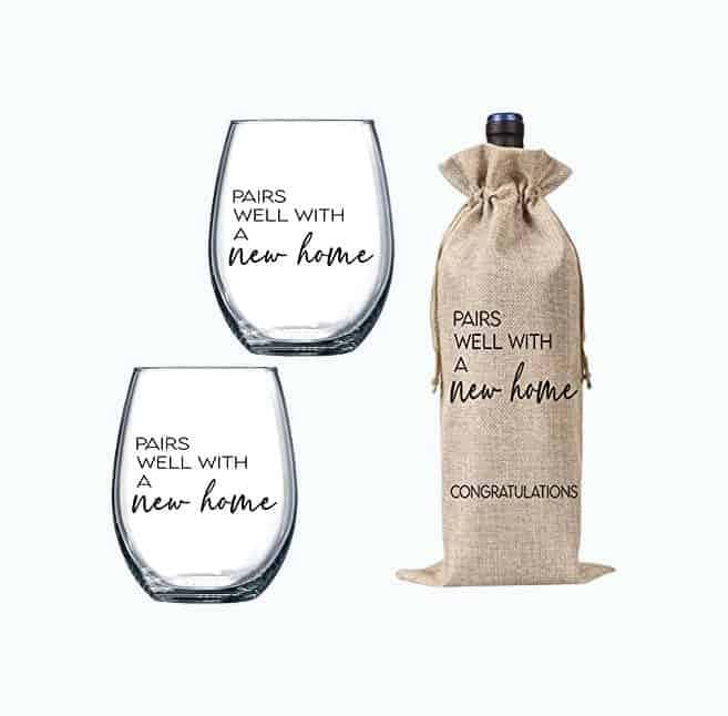 Stemless Wine Glass & Bottle Gift Bag Set for New Homeowner