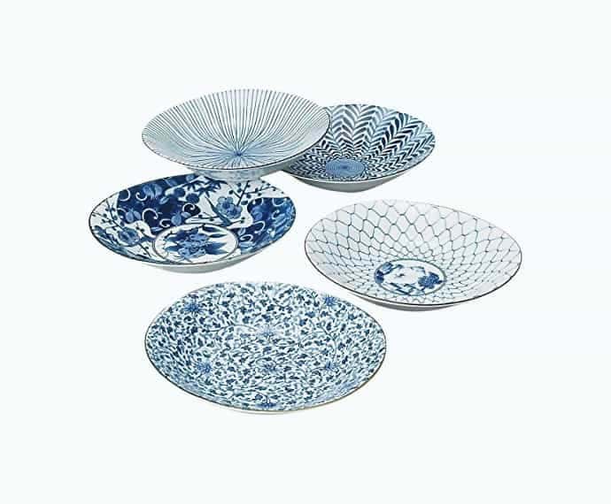 Traditional Japanese Ai-e (Ukiyo-e) Indigo Patterns Porcelain Plates